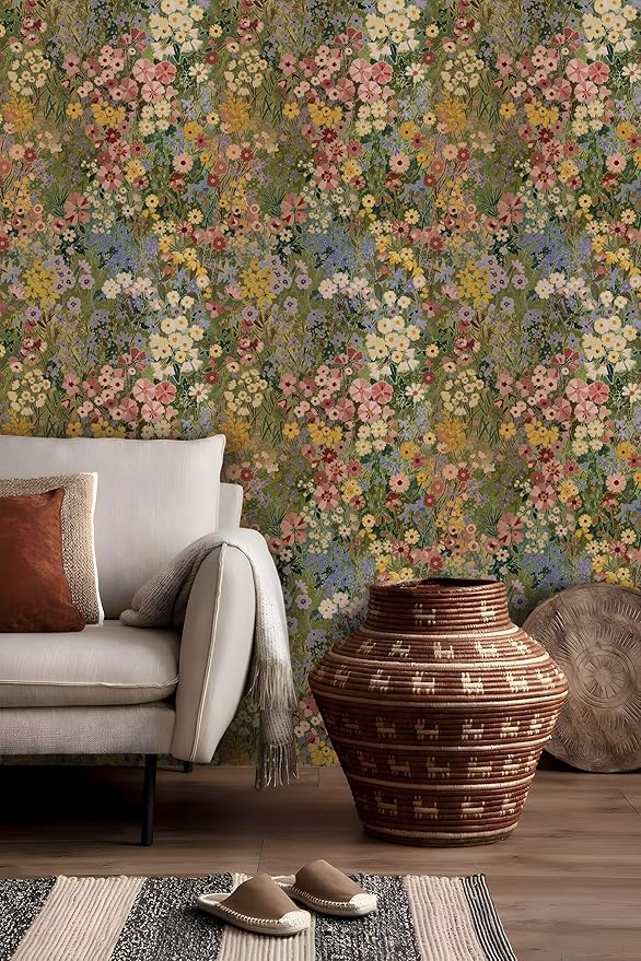 Floral Wallpaper Peel and Stick Boho Wall Paper Removable Waterproof Green Petal Pattern Contact Paper for Bedroom, Bathroom, Home Wall 17.3" x 393.7"