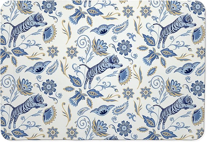 Blue and White Floral Tiger Dish Drying Mat, Chinoiserie Tiger Coffee Bar Mat for Countertops, Abstract Flower Absorbent Dish Drying Mats for Kitchen Counter Coffee Maker, 16x24 Inch