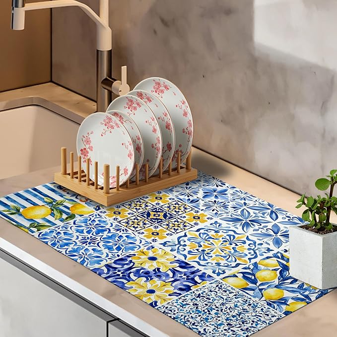 Mediterranean Tiles Dish Drying Mat, Blue White Italy Lemons Coffee Bar Mat for Countertops, Vintage Azulejo Absorbent Dish Drying Mats for Kitchen Counter Coffee Maker, 16x24 Inch