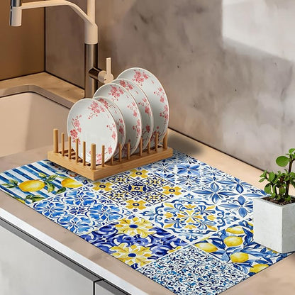Mediterranean Tiles Dish Drying Mat, Blue White Italy Lemons Coffee Bar Mat for Countertops, Vintage Azulejo Absorbent Dish Drying Mats for Kitchen Counter Coffee Maker, 16x24 Inch