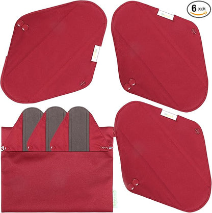 Wegreeco Cloth Menstrual Pads - Soft Washable Pads for Women - Reusable Panty Liners for Women - 6 Pack with 1 Cloth Mini Wet Bag (Large, Burgundy)