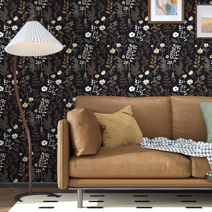 Vintage Adhesive Shelf Liner Contact Paper, 17.5" x 78" Black Floral Theme Wallpaper Boho Design for DIY Craft, Vinyl Removable Wallpaper for Dresser Dollhouse Cabinet Drawer in Dark Brown