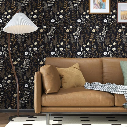 Vintage Adhesive Shelf Liner Contact Paper, 17.5" x 78" Black Floral Theme Wallpaper Boho Design for DIY Craft, Vinyl Removable Wallpaper for Dresser Dollhouse Cabinet Drawer in Dark Brown