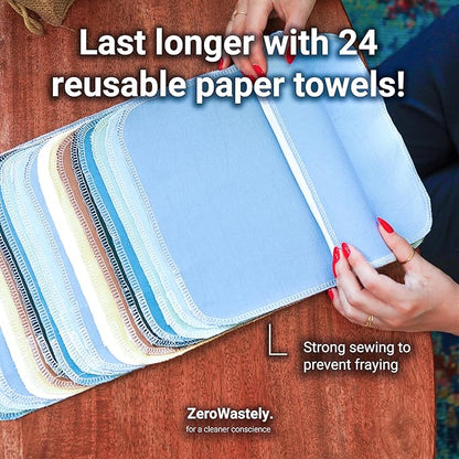 Reusable Paper Towels - Value Pack of 24 Paperless Paper Towels! - 100% Cotton, Super Soft, Absorbent, Washable and Made To Last