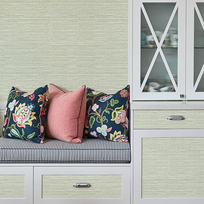 Simon&Siff Green Textured Grasscloth Peel and Stick Wallpaper 17.7"x118" Neutral Faux Grassweave Wallpaper Waterproof Self Adhesive Removable Wallpaper Mural for Home Decor Bedroom Kitchen Cabinet