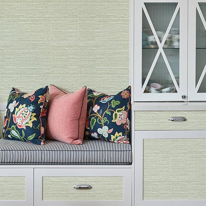Simon&Siff Green Textured Grasscloth Peel and Stick Wallpaper 17.7"x118" Neutral Faux Grassweave Wallpaper Waterproof Self Adhesive Removable Wallpaper Mural for Home Decor Bedroom Kitchen Cabinet