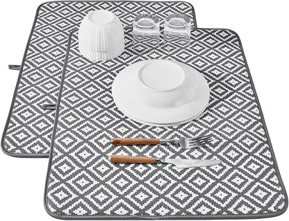 Subekyu 2 Pack Dish Drying Mat, 24*18 inch Ultra Absorbent Microfiber Dishes Drainer Mats for Kitchen Counter, Large Size Dish Drying Pad with Rhombus patterns
