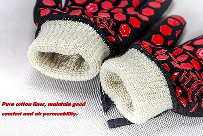 J H Heat Resistant Oven Glove:EN407 Certified 932 °F, 2 Layers Silicone Coating, Oven Mitts for Cooking, Kitchen, Fireplace,Camping, Grilling (Black/Red, Regular Cuff)