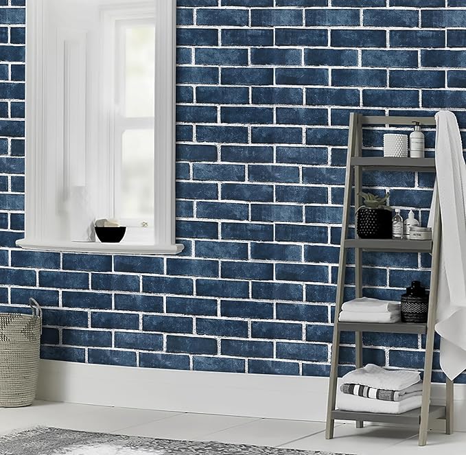 HeloHo 17.7" X 394" Blue Brick Wallpaper Peel and Stick Self-Adhesive Removable 3D Textured Wall Paper for Kitchen Backsplash Living Room Bedroom Decor