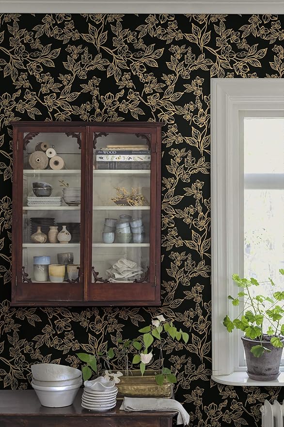Ismoon Floral Peel and Stick Wallpaper Vintage Black and Gold Contact Paper Dark Stick on Wallaper Removable Self Adhesive Wall Paper for Cabinets Shelf Drawer Bedroom Vinyl Roll 17.3x196in