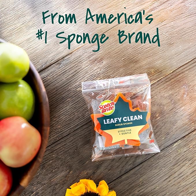 Scotch-Brite Leafy Clean Scrub Sponge, Two-Sided Kitchen Sponges for Cleaning Effectively, Leaf Shaped Dish Sponges with 100% Recycled Scrubbing Fibers, 1 Scrubbing Sponge