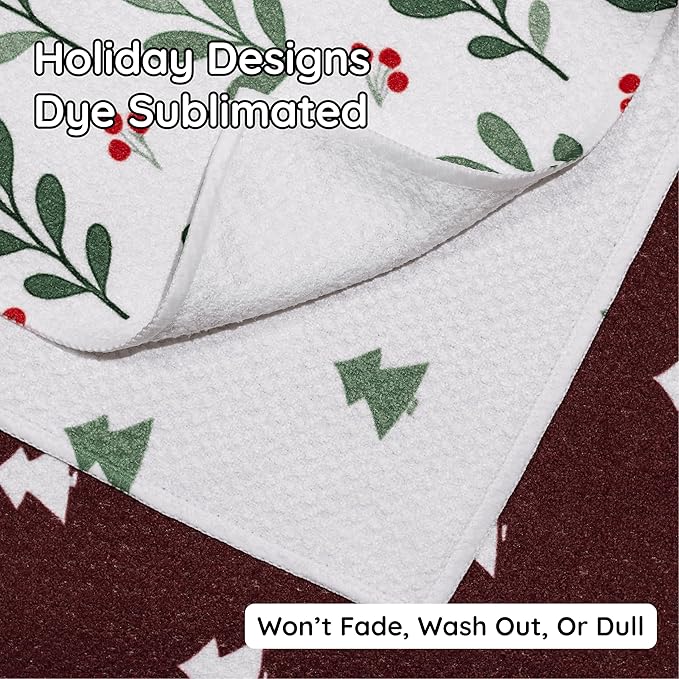 Christmas Kitchen Towels Set of 3 Mistletowed – Microfiber Waffle Weave Dish Towels 16x24, Super Absorbent & Lint-Free Holiday Kitchen Towels for Drying, Cleaning & Christmas Décor