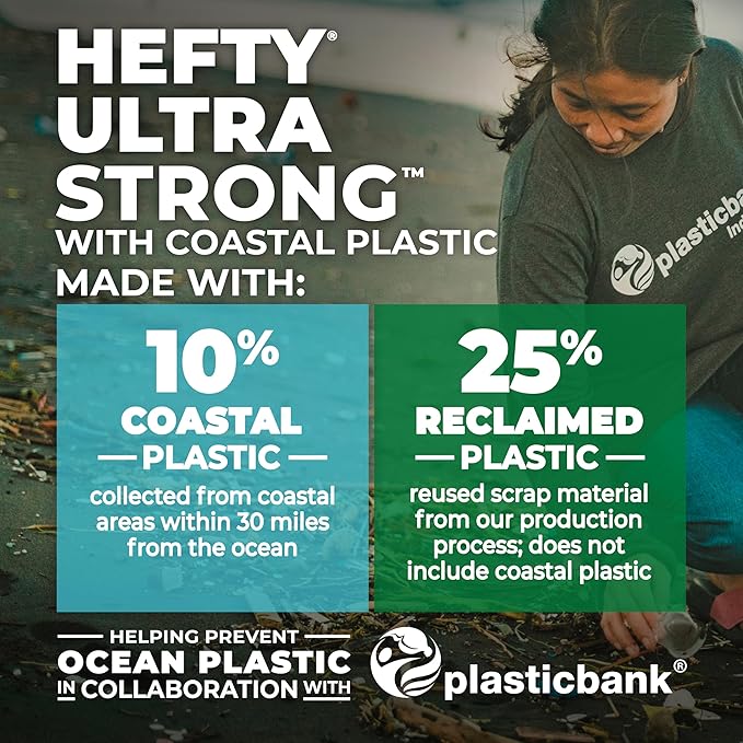 Hefty Ultra Strong 13 Gallon Trash Bags, Tall Kitchen Trash Bags Made with Recovered Materials, Including Coastal Plastic, Drawstring, Resists Leaks and Punctures, Gray, Seaside Breeze Scent, 40 Bags