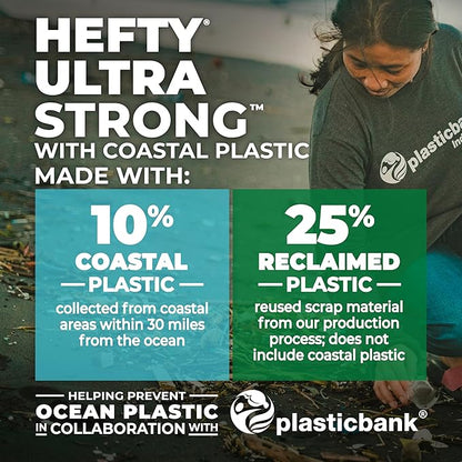 Hefty Ultra Strong 13 Gallon Trash Bags, Tall Kitchen Trash Bags Made with Recovered Materials, Including Coastal Plastic, Drawstring, Resists Leaks and Punctures, Gray, Seaside Breeze Scent, 40 Bags