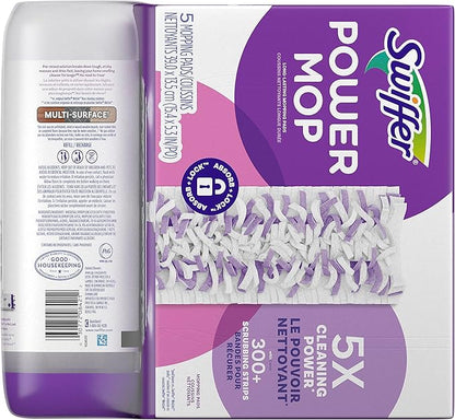 Swiffer Power Mop Refill, Floor Cleaner for Mopping Tile, Vinyl, Laminate, Wood in Home, Bathroom, Kitchen, All Purpose Multi-Surface Cleaning, 5 Pads + 1 Lavender Solution (Pack of 2)