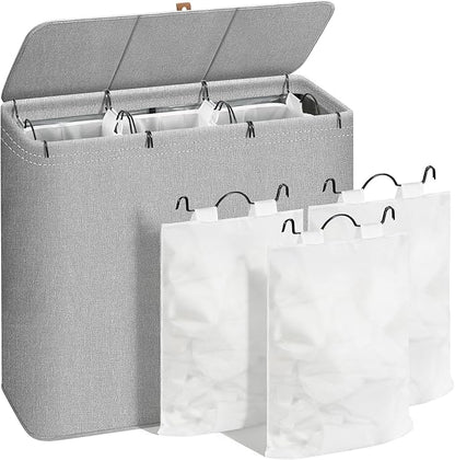 STORAGE MANIAC Triple Laundry Hamper with Lid, 180L Tall Metal Frame Laundry Baskets with Removeable Bag, Large Clothes Hamper with PU Tag, Laundry Bin for Dorm, Collage, Bathroom, Bedroom, Gray