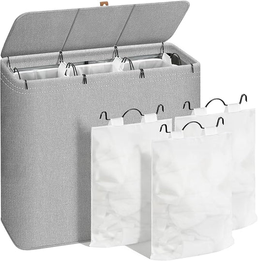 STORAGE MANIAC Triple Laundry Hamper with Lid, 180L Tall Metal Frame Laundry Baskets with Removeable Bag, Large Clothes Hamper with PU Tag, Laundry Bin for Dorm, Collage, Bathroom, Bedroom, Gray