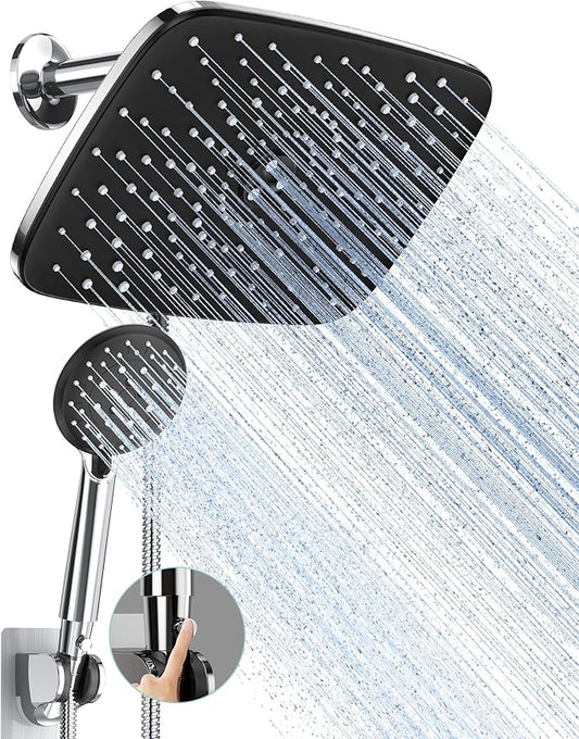 Veken 11.8 Inch Rain Shower Head with Handheld- High Pressure Dual Shower Heads with 5 Modes Handheld Spray Combo- Wide Rainfall Showerhead with Hose, Bathroom Accessories, Chrome