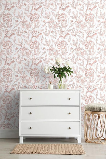 Timeet Pink Floral Wallpaper Peel and Stick Wall Paper Modern for Bedroom Bathroom Removable Self Adhesive Contact Paper 17 in x 78.7 in