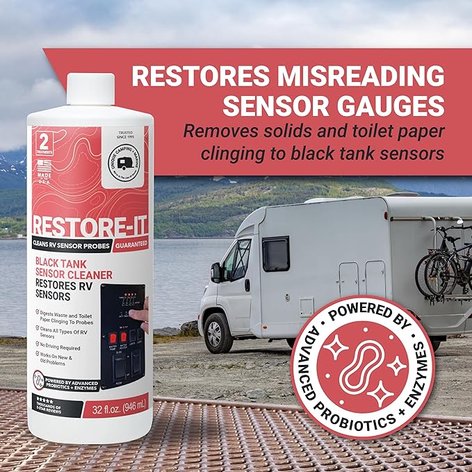Unique Restore-It RV Sensor Cleaner Liquid – Cleans Dirty Sensor Probes for Misreading RV Black Tank Sensors – 2 Treatments Per Bottle, 32 oz (2-Pack)