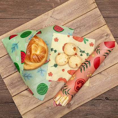 Akeeko Reusable Beeswax Food Wraps - Assorted 9 Packs, Reusable, Plastic-Free Food Storage, 5 Small, 2 Medium, 1 Large, 1 Extra Large Wraps with Cute Fruits Pattern