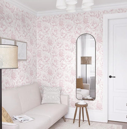 Guvana Floral Peel and Stick Wallpaper Boho Contact Paper Pink and White Wall Paper Modern Removable Wallpaper for Bedroom Bathroom Nursery Mural Wall Self Adhesive Waterproof Vinyl Roll 17.3in×197in