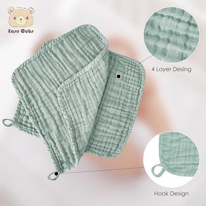 12 Pack Muslin Washcloths for Baby - 100% Cotton Baby Wash Cloths for or Baby Face Body Comfy and Soft for Newborn Infants Kids Girls and Boys - 12"x12" - Green