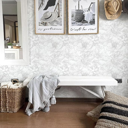 Ismoon Large Floral Peel and Stick Wallpaper Boho White/Grey Contact Paper 17.3inx32.7ft Removable Self Adhesive Bedroom Cabinet Mural Wall Decor Vinyl Roll