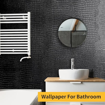 Black Peel and Stick Wallpaper, 15.7" X 787" Crocodile Embossed Easy Peel Off Wallpaper Self Adhesive Removable Contact Paper Textured for Cabinet, Bedroom