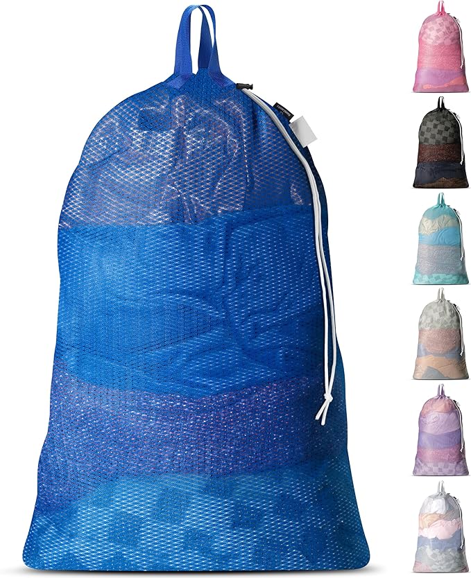 Handy Laundry Mesh Laundry Bag 24 x 36 Inches - Extra Large Heavy Duty Bag with Handles & Shoulder Strap, Breathable, Machine Washable for Dorm, Travel, Bedding & Storage - Blue