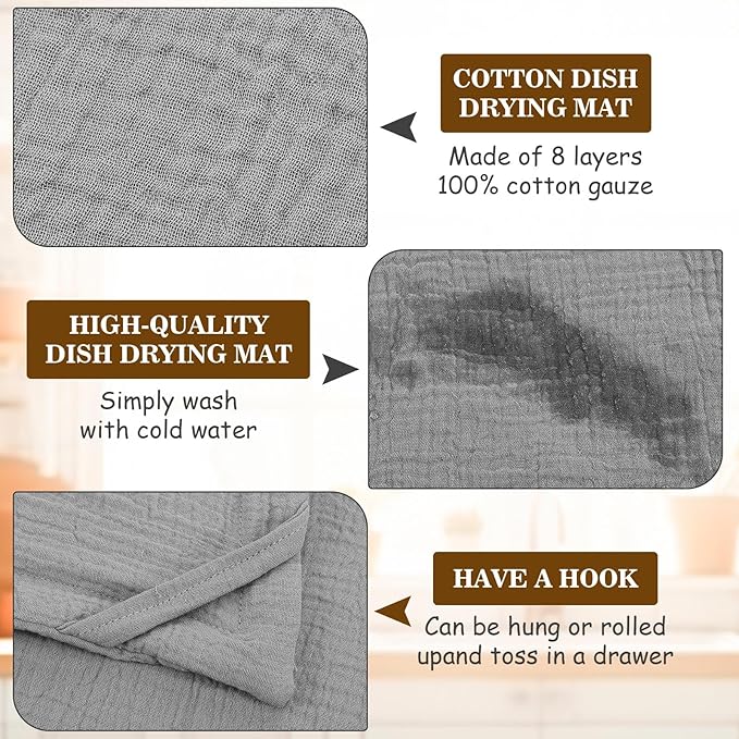 HunnmingRe 2 Pcs Extra Large Dish Drying Mats for Kitchen Counter28 x 24 100% Cotton Gray Pad Thick Highly Absorbent Mats Muslin Gauze Quick Drying Dishes Drainer Pad for Sinks Draining Racks