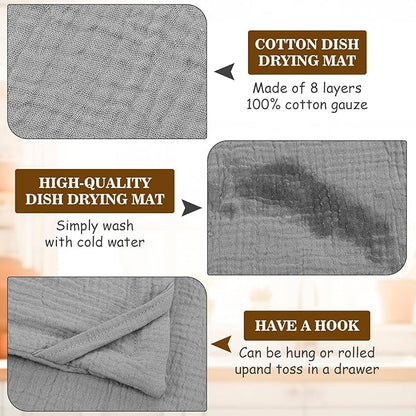 HunnmingRe 2 Pcs Extra Large Dish Drying Mats for Kitchen Counter28 x 24 100% Cotton Gray Pad Thick Highly Absorbent Mats Muslin Gauze Quick Drying Dishes Drainer Pad for Sinks Draining Racks