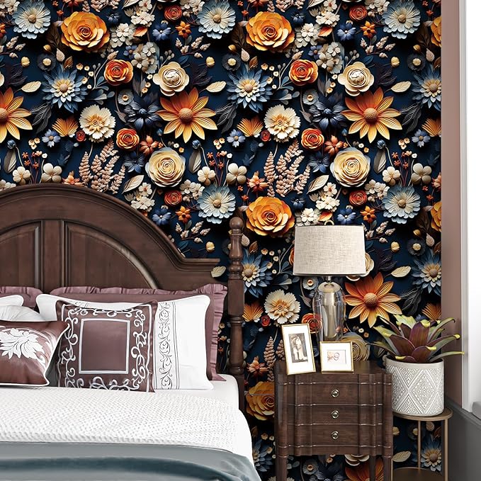 FunStick Dark Blue Floral Wallpaper Peel and Stick Orange Faux 3D Embossed Floral Wall Paper Modern Vinyl Wall Art Decor Removable Navy Blue Beige Daisy Rose Floral Contact Paper for Cabinets Ceiling