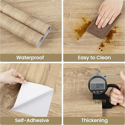 Wood Contact Paper Peel and Stick - Self Adhesive Vinyl Wrap Cabinet Wooden Oak Grain Wallpaper - Kitchen Waterproof Countertop Wall Cover Roll - Removable Covering for Counter Furniture 17.5x118in