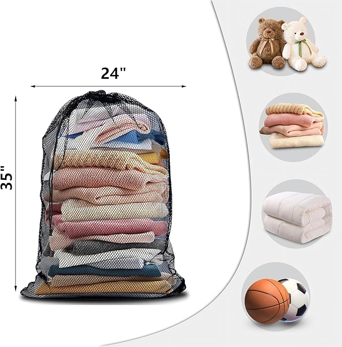 3 Pack Mesh Laundry Bag - Large 24" x 35" Machine Washable with Secure Drawstring Closure - Perfect for College Dorms, Laundromats, Apartments (Black)