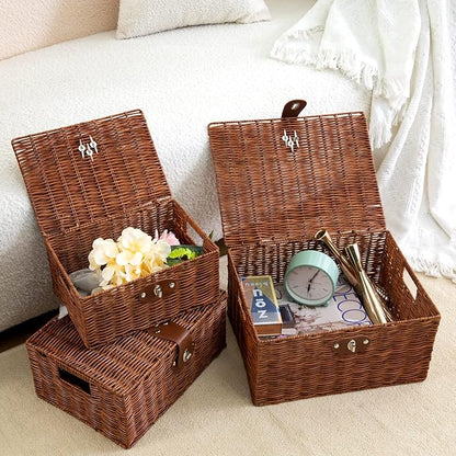 Set of 3 Woven Wicker Storage Basket Box with Lids & Lock, Built-in Carry Handles, Multifunctional Storage Organizer for Nursery, Baby, Clothes, Toys, Books, Large/Medium/Small Size (Natural)