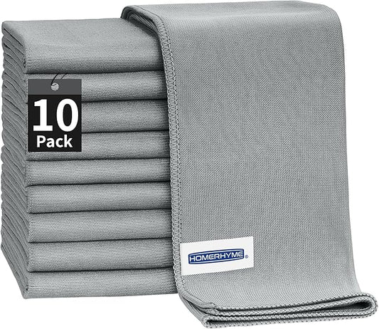 HOMERHYME Microfiber Cleaning Cloth - 10 Pack Glasses Cleaning Cloth, 16" x 14" Window Cleaning Rags, Streak Free Lint Free Polishing Cloths Wipes for Eye Glass, Stainless Steel, Windshield, Grey