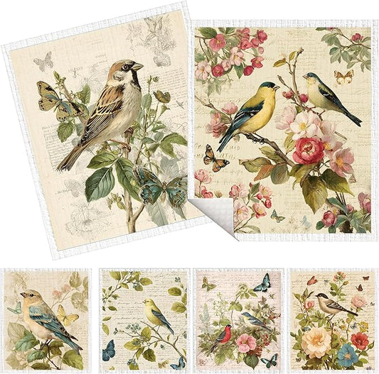 Swedish Dishcloths for Kitchen, 6 Pack Vintage Floral Bird Swedish Dish Cloths for Washing Dishes, Reusable Washable Absorbent Dish Towels for Home Kitchen Cleaning Quick Drying
