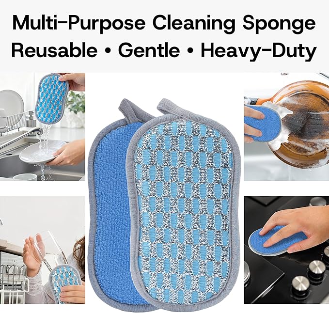 Multi-Purpose Scrub Kitchen Sponges – 12 Pack Dish Sponge, Dual-Sided Non-Scratch Microfiber & Metal Scrubber, Reusable Sponges for Dishes, Pots, Glass, Sink, Stovetop & Bathroom (Blue+Sliver)