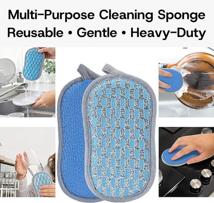 Multi-Purpose Scrub Kitchen Sponges – 12 Pack Dish Sponge, Dual-Sided Non-Scratch Microfiber & Metal Scrubber, Reusable Sponges for Dishes, Pots, Glass, Sink, Stovetop & Bathroom (Blue+Sliver)