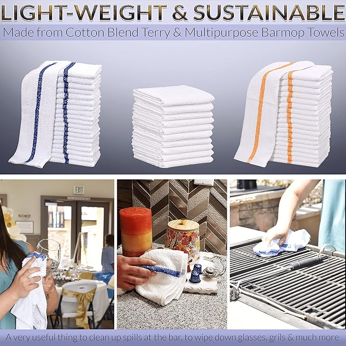 GOLD TEXTILES 12 PC New Cotton Blend White Restaurant Bar Mops Kitchen Towels 28oz (1 Dozen) (12, Blue Stripe)