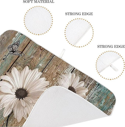 Rustic Daisy Dish Drying Mats 18x24 Inch Vintage Sunflowers on Wooden Board Drying Mats Seasonal Outdoor Farmhouse Decor Coffee Bar Mat Fast Drying for Kitchen Dining Room Decorative