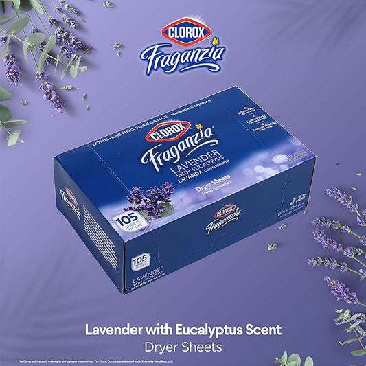 Clorox Fraganzia Fabric Softener Dryer Sheets, Wrinkle Reducing and Anti Static Laundry Dryer Sheets for Great Smelling Clothes, Softens Fabrics, Lavender with Eucalyptus Scent, 105 Count