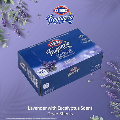 Clorox Fraganzia Fabric Softener Dryer Sheets, Wrinkle Reducing and Anti Static Laundry Dryer Sheets for Great Smelling Clothes, Softens Fabrics, Lavender with Eucalyptus Scent, 105 Count - 6 Pack