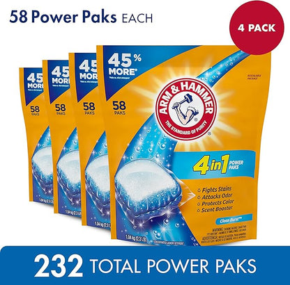 Arm & Hammer 4-in-1 Laundry Detergent Power Paks, Fresh, 58 Count (Pack of 4)