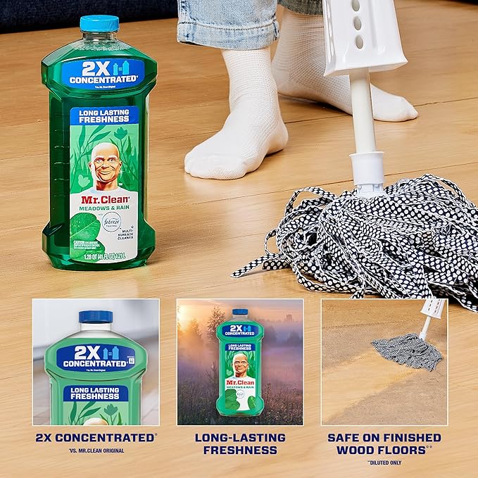 Mr. Clean All Purpose Cleaner, Floor Cleaner for Mopping Home, Bathroom, & Kitchen, Cleaning Liquid for Mop & Bucket, Cleaning Supplies, Multi-Surface Dilutable, Meadows & Rain, 41oz