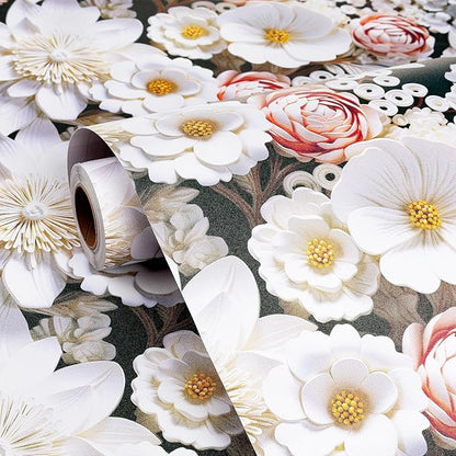 FunStick 17.5"x354" White Faux 3D Floral Peel and Stick Wallpaper Black Pink Embossed Floral Wallpaper for Bathroom Living Room Accent Wall Panels Self Adhesive Contact Paper for Walls Shelves Vinyl