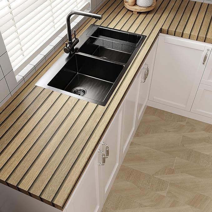 VEELIKE Slat Wood Contact Paper Wood Peel and Stick Wallpaper for Walls Cabinets Countertops Waterproof Self Adhesive Brown Wood Wallpaper 15.7''x118'' Removable Slat Wall Paper for Home Wall Décor