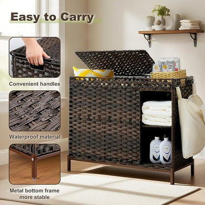 Laundry Hamper with Lid, 130L(34.4 Gal) Rattan Laundry Hamper 3 Section with 50L (13.2 Gal) Storage Shelf, Wicker Woven Laundry Sorter Basket with 4 Liner Bags and Handles, Brown GLH003BR