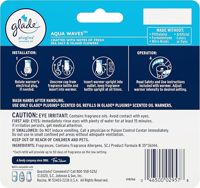 Glade PlugIns Refills Air Freshener, Scented and Essential Oils for Home and Bathroom, Aqua Waves, 2.01 Oz, 3 Count